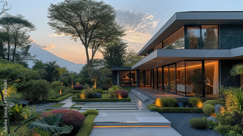 Seamlessly integrating modernity with traditional charm, the house features modern concrete pathways that connect various sections. Generative AI.