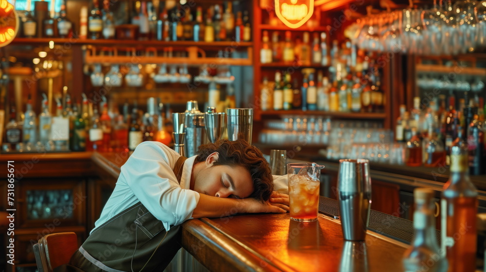 bartender sleeps on a stool behind the bar. industrial fatigue c