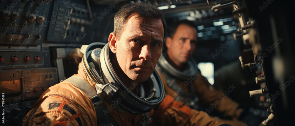 A close-up portrait of an astronaut with a team. Exploration of outer space and new planets