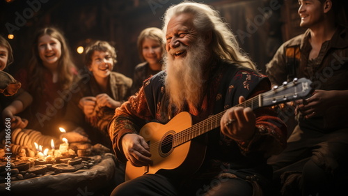 elderly man with a long white beard, joyfully playing his guitar