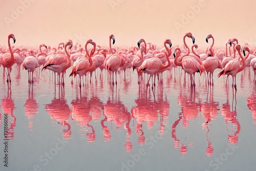 a Group birds of pink african flamingos walking
