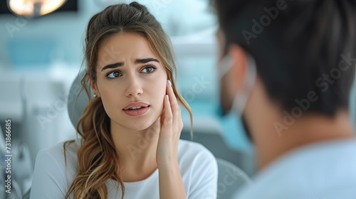 Beautiful caucasian woman holding her cheek and consulting a dentist about tooth ache. Generative AI.
