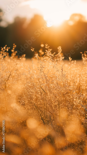 golden hour sunlight creating natural bokeh in a field, serene