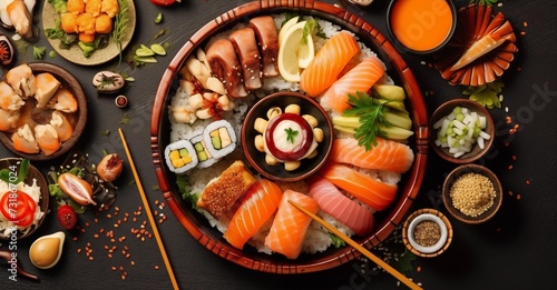 Delicious Japanese food background image, top view. 
