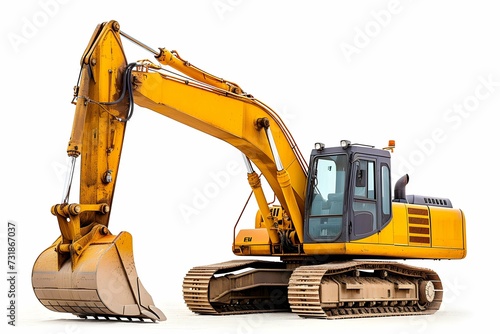 Yellow excavator at a construction site on a white background