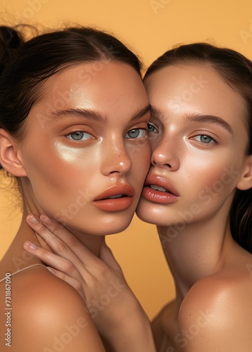 Minimalist Beauty: Two Women Posing for a Magazine with Sunkissed Palettes and Distinct Facial Features 