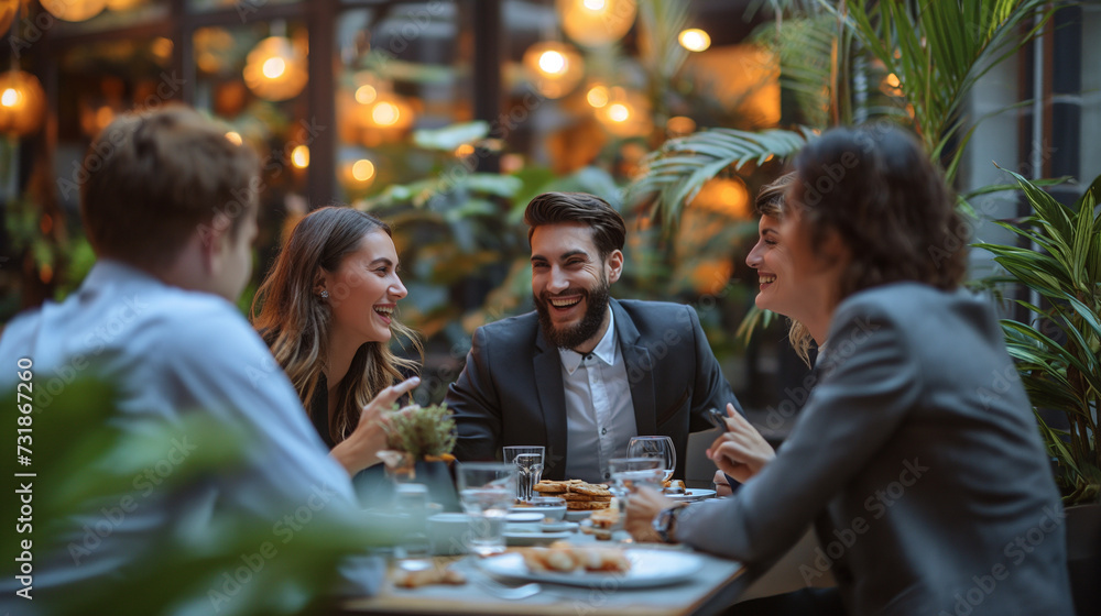 Charismatic Businessman and Businesswoman Sharing a Laugh with Colleagues in a Modern Corporate Environment, Networking and Morale in the Workplace Concept Charismatic Businessman and Businesswoman Sharing a Laugh with Colleagues in a Modern Corporate Environment, Networking and Morale in the Workplace Concept