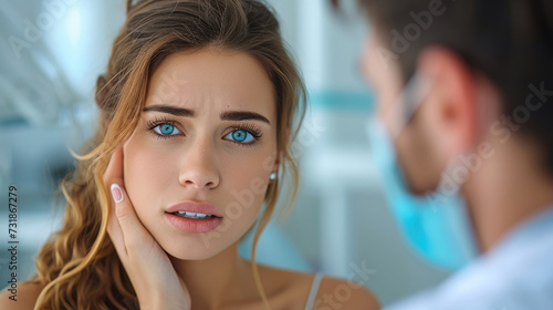 Beautiful caucasian woman holding her cheek and consulting a dentist about tooth ache. Generative AI.