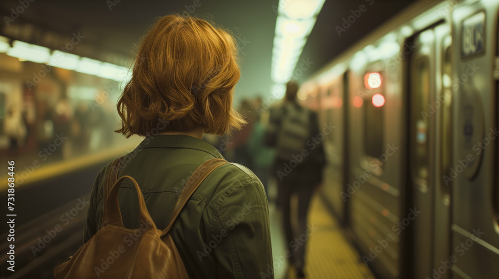 Solitude Amidst the Commotion: Woman Stands Alone in a Busy Subway Station, View from Behind Solitude Amidst the Commotion: Woman Stands Alone in a Busy Subway Station, View from Behind