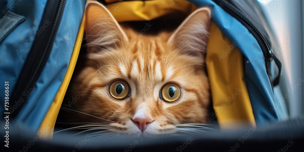 Calm cat lies in a backpack, looks out the window, concept of Zen