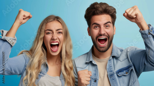 man and a woman are both cheering excitedly with their fists raised, wearing denim jackets, against a blue background