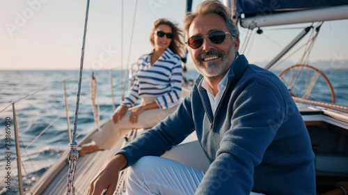 A smiling couple in casual attire and sunglasses enjoying a relaxing day on a yacht with a clear blue ocean in the background. © MP Studio