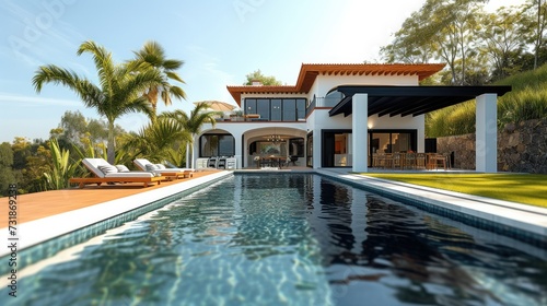 Beautiful villa style mixed with modern farmhouse. Generative AI.