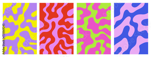 Set of cover with liquid in 70 60s y2k futuristic style. Backgrounds with neon organic shape. Smooth contours retro print. Psychedelic curvy figure on colorful pastel backdrop.