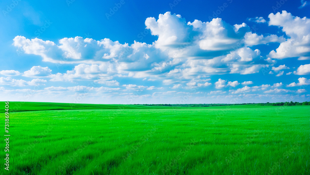 meadow, grassland, landscape,agriculture,lawn, field,  sky, cloud,  flower, nature, spring,Background image of a vast green field under a bright blue sky. bright green grass Receives light well The ba