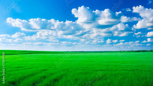 meadow  grassland  landscape agriculture lawn  field   sky  cloud   flower  nature  spring Background image of a vast green field under a bright blue sky. bright green grass Receives light well The ba