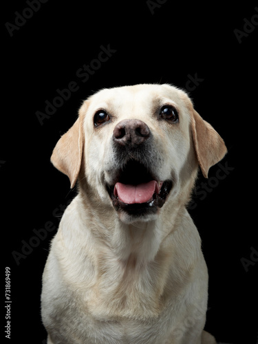 A Labrador Retriever dog gazes upwards, showcased against a stark black backdrop, exuding curiosity © annaav