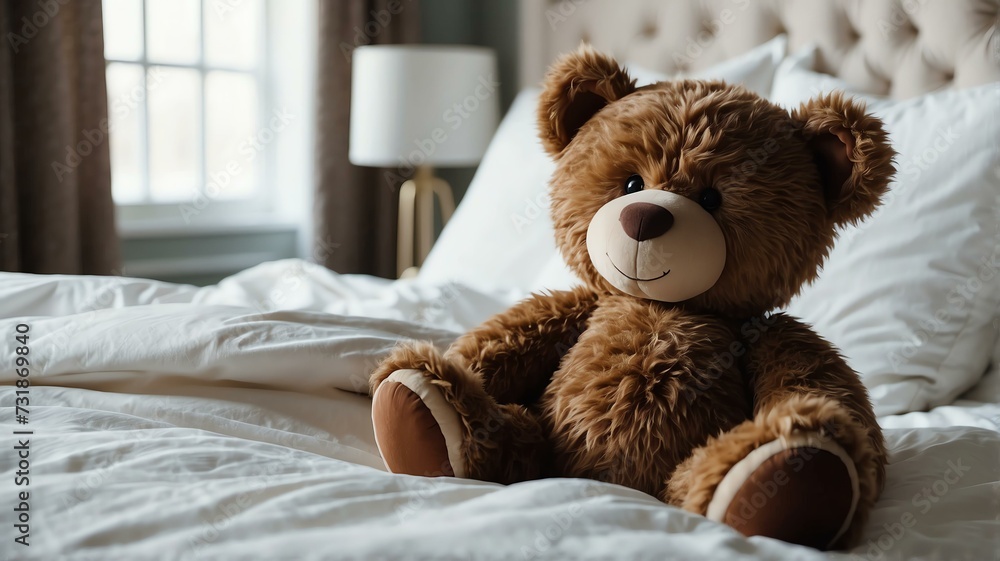 A large brown teddy bear on a white bed from Generative AI