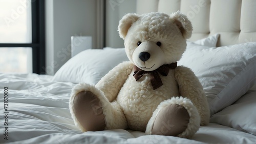 A large white teddy bear on a white bed from Generative AI