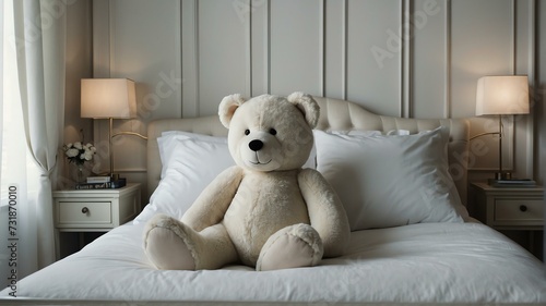 A large white teddy bear on a white bed from Generative AI