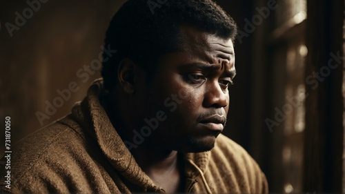 Depressed overweight black african man looking down from Generative AI © Arceli