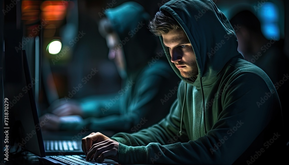 Obraz premium Man Wearing Hoodie Using Laptop Computer
