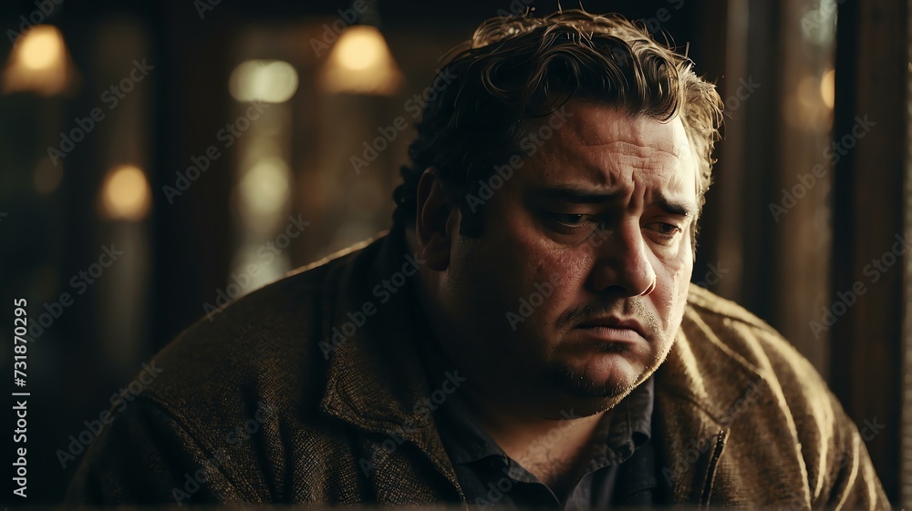 Depressed overweight man looking down from Generative AI Depressed overweight man looking down from Generative AI