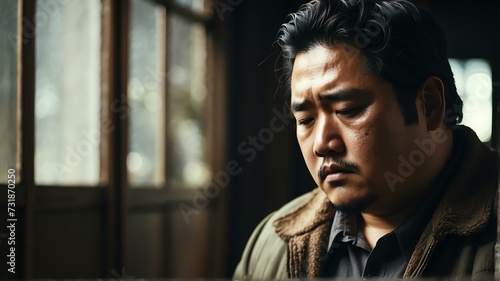 Depressed overweight korean man looking down from Generative AI