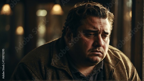 Depressed overweight man looking down from Generative AI