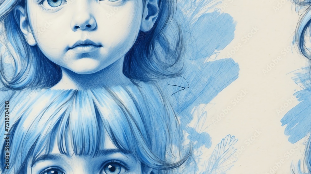 Hand drawn blue scribbles of child on paper texture from Generative AI