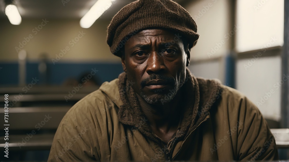 Lonely middle aged black african man looking sad at the camera on a homeless shelter from Generative AI Lonely middle aged black african man looking sad at the camera on a homeless shelter from Generative AI