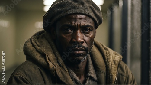Lonely middle aged black african man looking sad at the camera on a homeless shelter from Generative AI