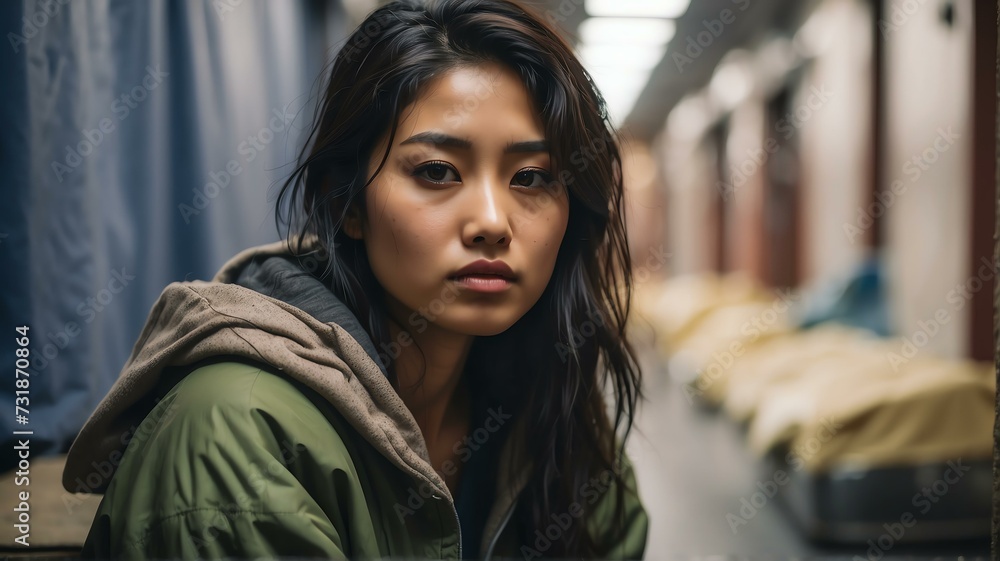 Lonely young asian woman looking sad at the camera on a homeless shelter from Generative AI