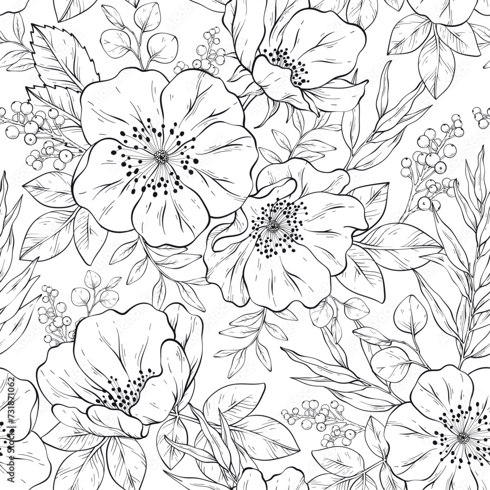 custom made wallpaper toronto digitalSeamless outline pattern with Hand drawn flowers.