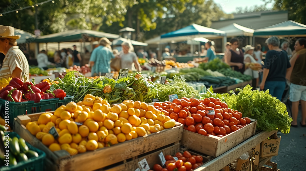 Shoppers browse a variety of fresh vegetables and fruits at a local farmers market, showcasing organic and locally sourced produce.