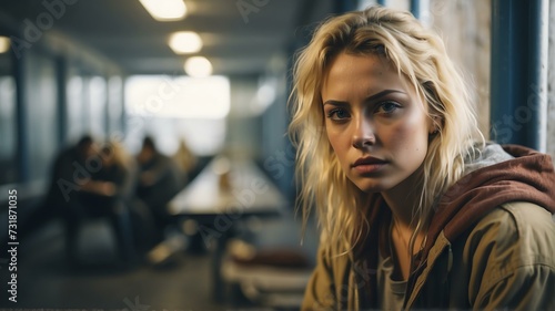 Lonely young blonde woman looking sad at the camera on a homeless shelter from Generative AI