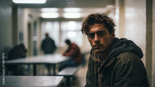 Lonely young man looking sad at the camera on a homeless shelter from Generative AI