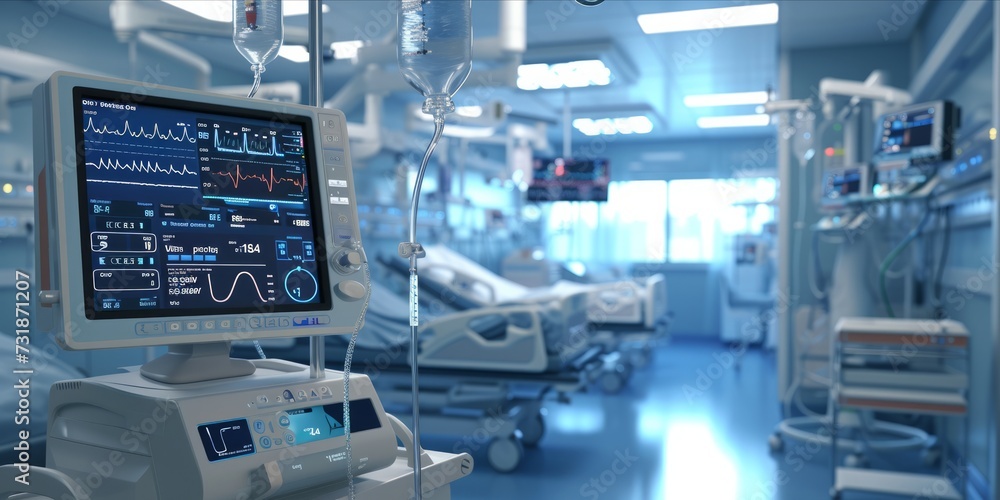 Fototapeta premium Hospital room with advanced medical equipment and digital monitoring interfaces.
