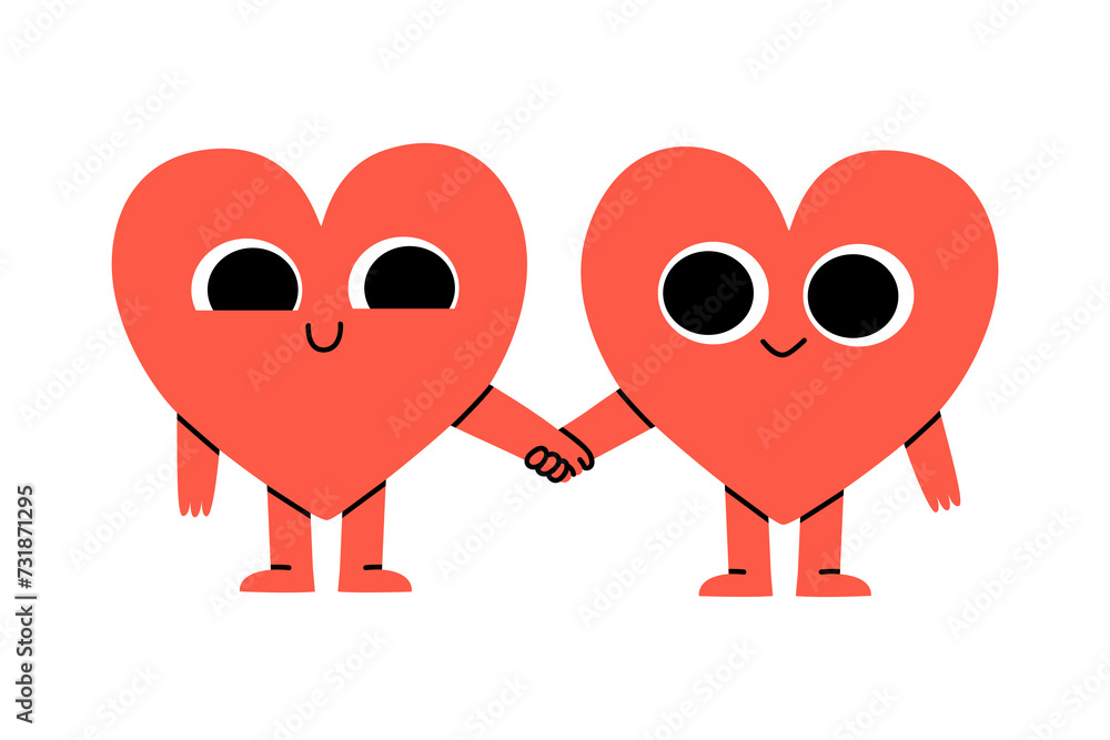 Fototapeta premium Hand drawn cute illustration two heart characters holding hands. Fall in love feeling in doodle style. Couple on date. Valentine's Day holiday romantic mascot sticker, icon. Isolated.