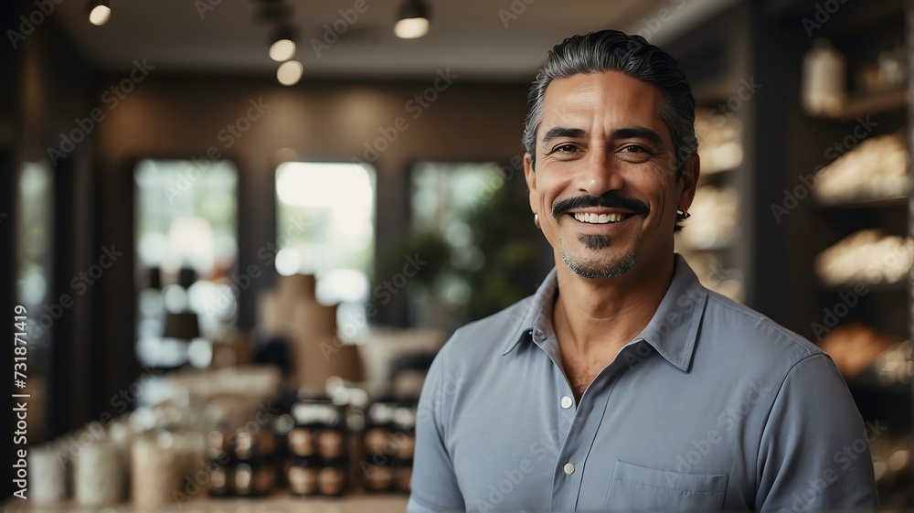 Portait of a smiling confident retail store owner hispanic man looking at camera from Generative AI