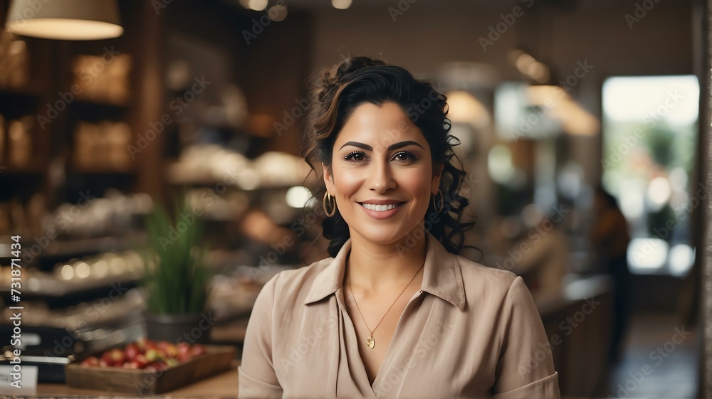 Portait of a smiling confident retail store owner hispanic woman looking at camera from Generative AI Portait of a smiling confident retail store owner hispanic woman looking at camera from Generative AI