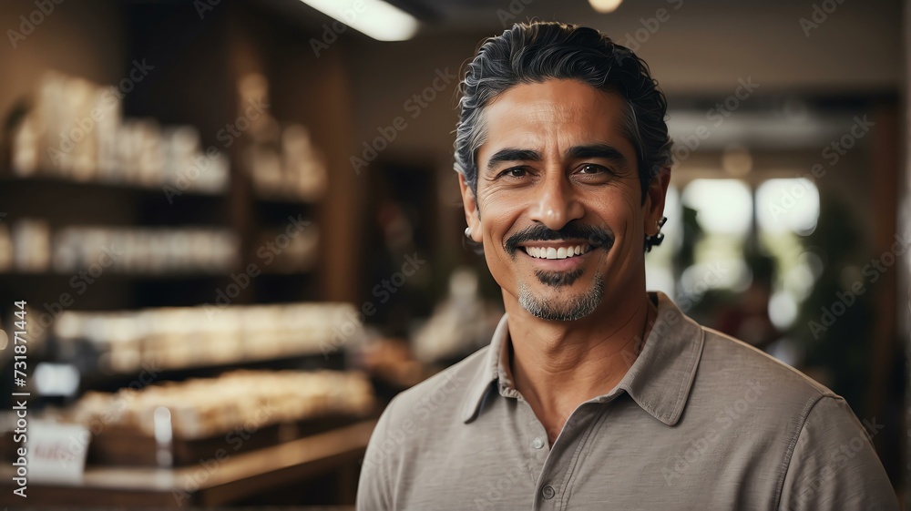Portait of a smiling confident retail store owner hispanic man looking at camera from Generative AI Portait of a smiling confident retail store owner hispanic man looking at camera from Generative AI