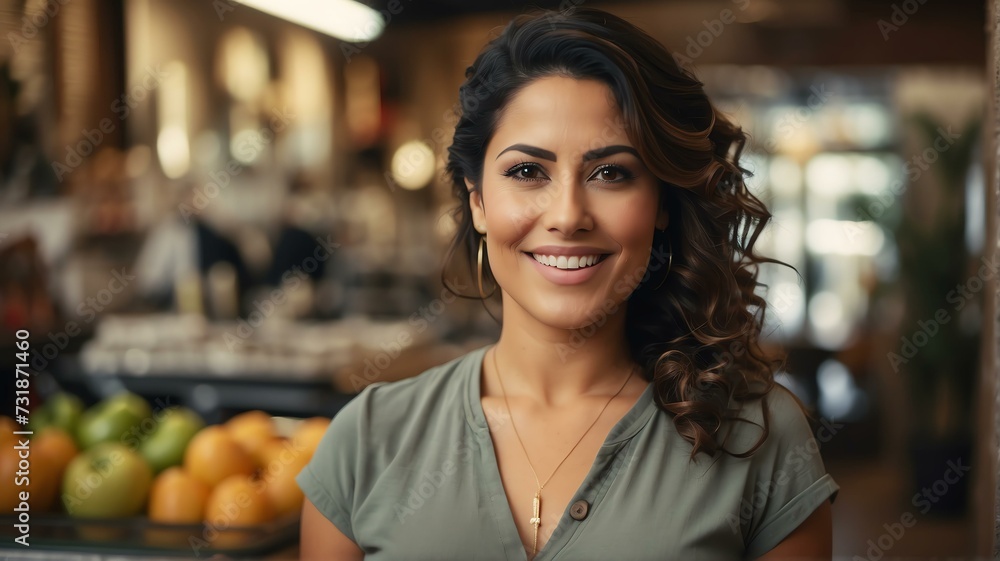 Portait of a smiling confident retail store owner hispanic woman looking at camera from Generative AI Portait of a smiling confident retail store owner hispanic woman looking at camera from Generative AI