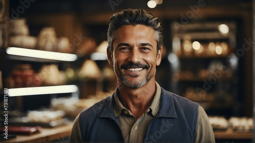 Portait of a smiling confident retail store owner man looking at camera from Generative AI photo