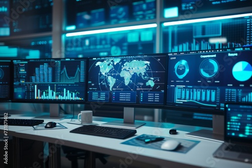High tech workspace with multiple screens displaying analytical data and global network connectivity.