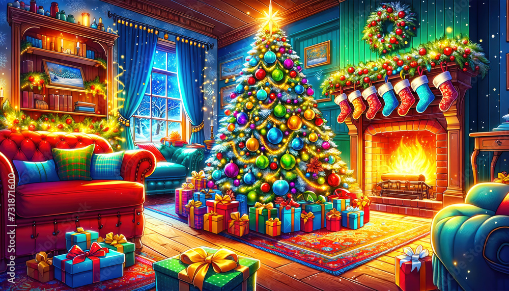 Warm and Festive Christmas Living Room Scene with Decorated Tree, Fireplace, and Presents - Ideal for Holiday Season Celebrations
