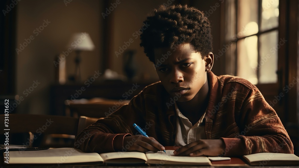 Portait of a stressed black african teenager boy doing homework from Generative AI Portait of a stressed black african teenager boy doing homework from Generative AI