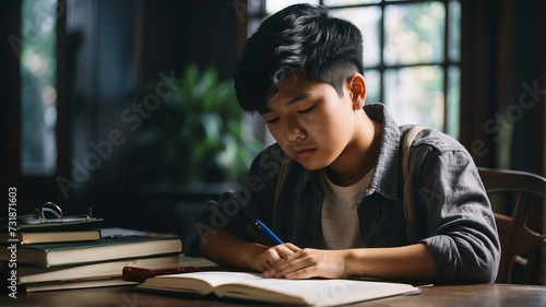 Portait of a stressed asian teenager boy doing homework from Generative AI © Arceli