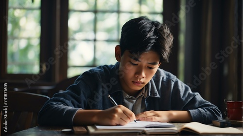 Portait of a stressed asian teenager boy doing homework from Generative AI photo