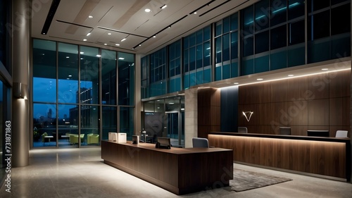 Reception area of a modern professional office space building at night from Generative AI